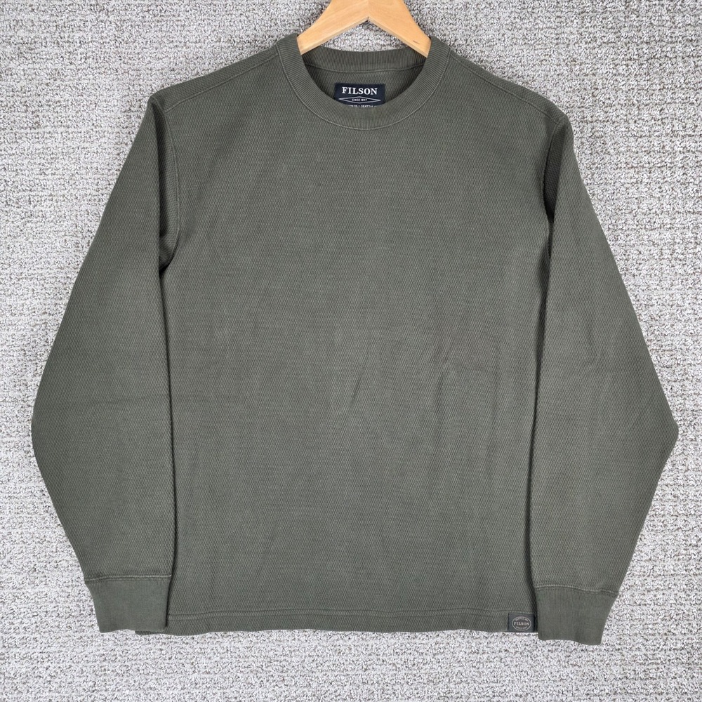 Filson Mens Mossy Rock Green Waffle Knit Crewneck Long Sleeve Shirt Size Large